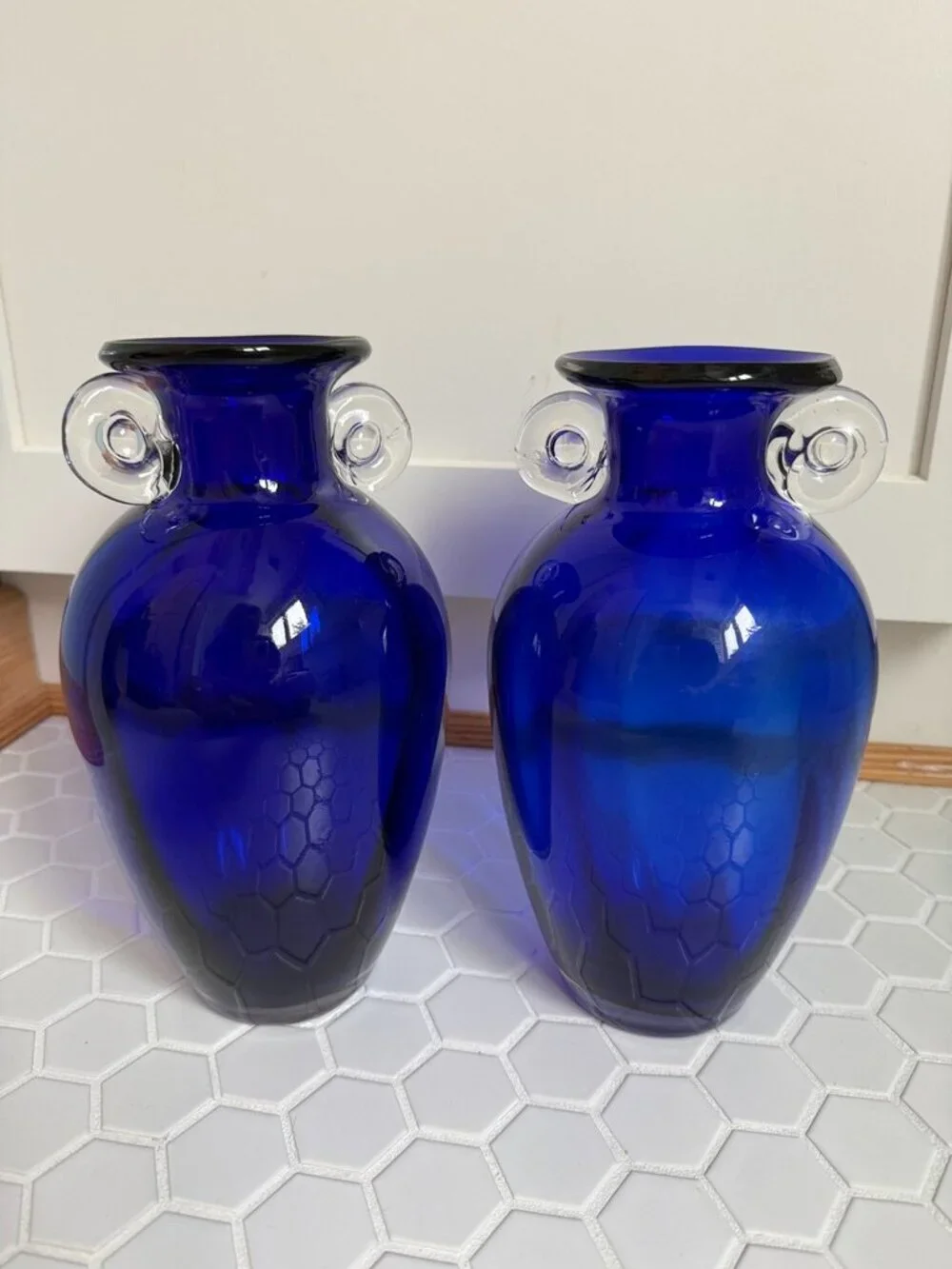 Vintage Pair Cobalt Blue Art Glass Vases 10